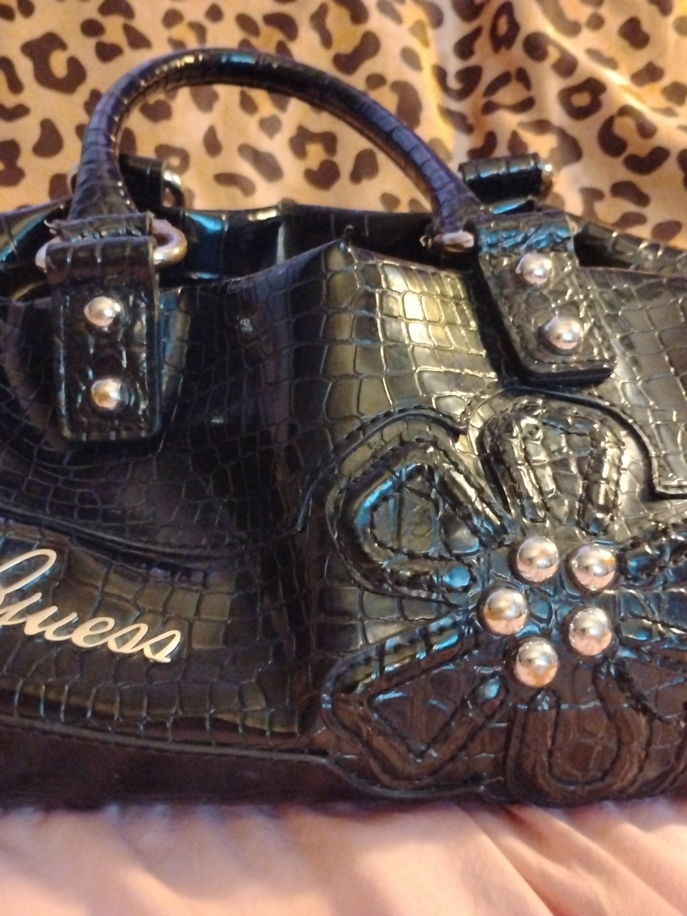 VINTAGE Y2K GUESS KELSEY Black Croc-Embossed Satchel with Floral Stud Detail